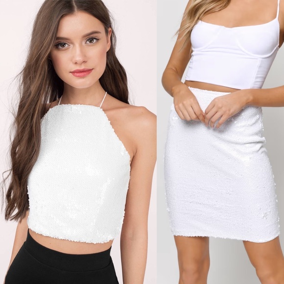 Tobi Club Life White Sequin Crop Top Midi Skirt Set White S M - Picture 1 of 16